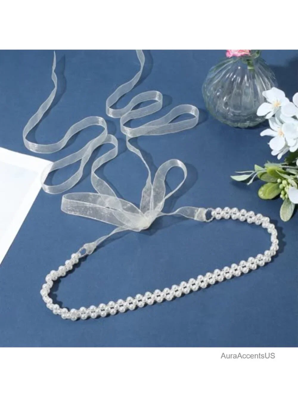 Beaded Pearl Crystal Bridal Belt with Organza Ribbon Wedding Sash